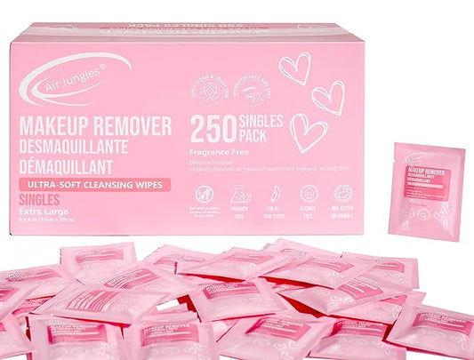 Air Jungles 250 Count Individual Makeup Remover Wipes, Bulk Size Individually Wrapped, Extra Large Facial Towelettes For All Skin Type, Fragrance-Free, Hotel Travel Size Toiletries