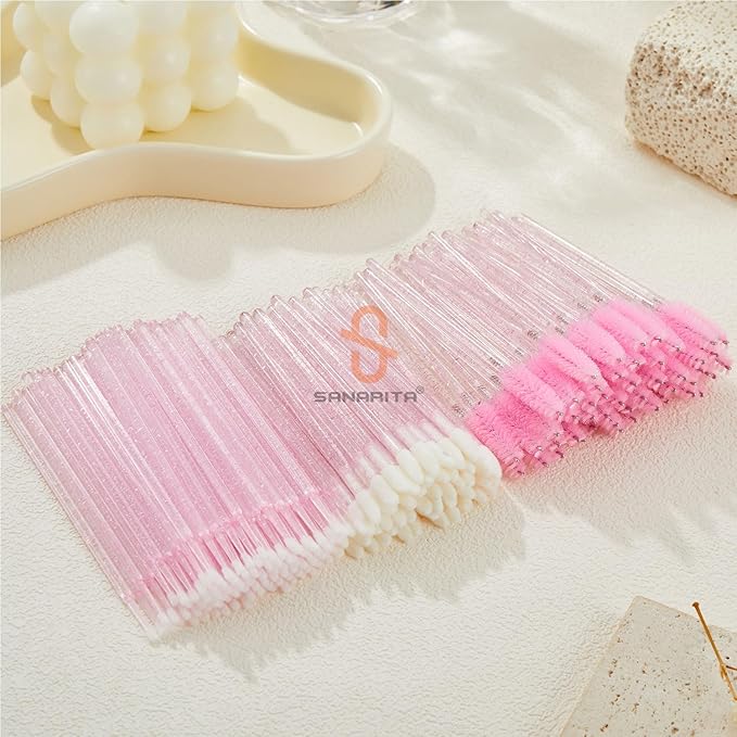 200PCS Disposable Eyelash Extension Kit for Professionals – Lash Spoolie Brushes, Micro Swabs, Mascara Wands, Lip Brushes for Eyelash Extensions, Tattoo, Lipstick Application(Crystal Pink)
