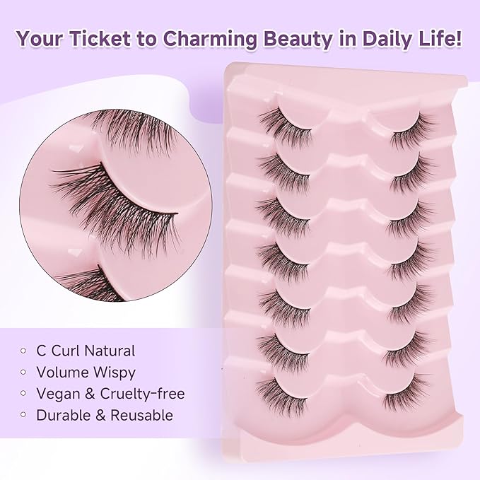 Half Eyelashes Natural Look False Eyelashes Half Lashes Cat Eye 14mm Wispy Eyelashes with Thin Band 3D Volume False Lashes Soft Strip Lashes Pack C Curl Natural Eyelashes Fake Lashes 7 Pair EVENTILL