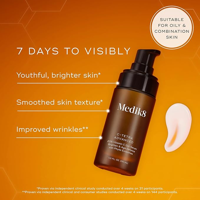 Medik8 C-Tetra Advanced - Balancing, Plumping, Hydrating Daily Vitamin C Serum with Hyaluronic Acid, Squalene - Smooths Fine Lines, Wrinkles - 1.0 oz