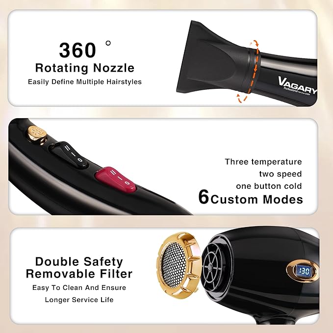 VAGARY 6685G Professional Salon Hair Dryer 2200w with Icd Display,Negative Ionic Blow Dryer,Powerful AC Motor Blow Dryer,Low Noise Hair Dryers,2 Speeds and 2 Heat Settings 1 Cool Shot Button