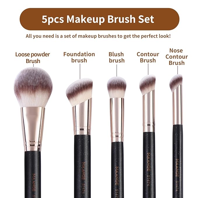 MAANGE Makeup Brush Set 5-Piece Professional Synthetic Makeup Brushes for Foundation, Blush, Power Concealer & Contour Application Travel Make Up Brush with Box (Black)