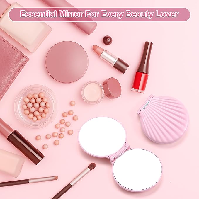 Compact Makeup Mirror for Purse, Travel Compact Mirror Magnification 2x/1x, Travel Vanity Mirror Small, Mini/Hand Mirror Magnifying Mirror Portable, Lightweight & Shatterproof Unique, Pink