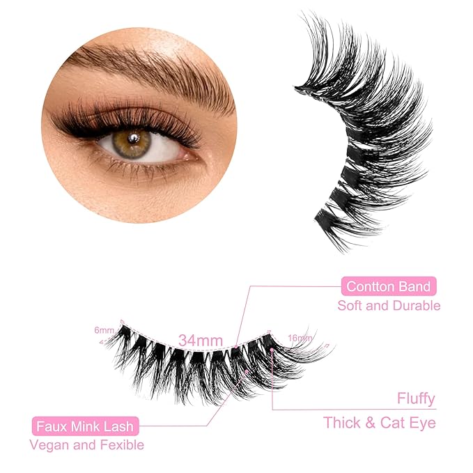 Cat Eye Lashes Yasnai False Eyelashes Volume Thick Lashes 16mm Wispy Cat Eye Fake Lashes Natural Eyelashes 14 Pairs Pack