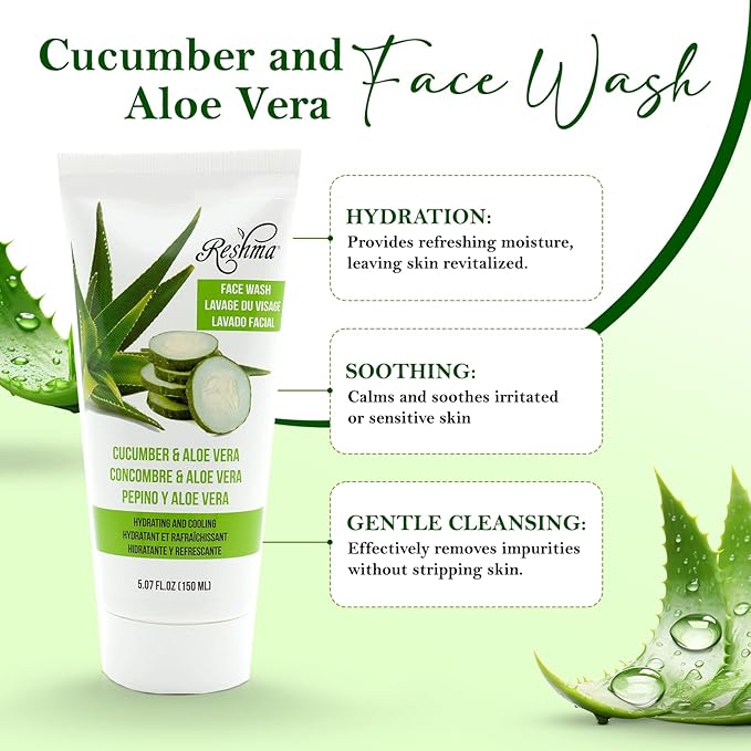 Reshma Beauty Cucumber & Aloe Vera Face Wash for All Skin Types, Gentle Cleanser for Nourishing and Hydrating Skin, Removes Make-Up, For Daily Use, Cruelty-Free, 5.07 fl oz, Pack of 1