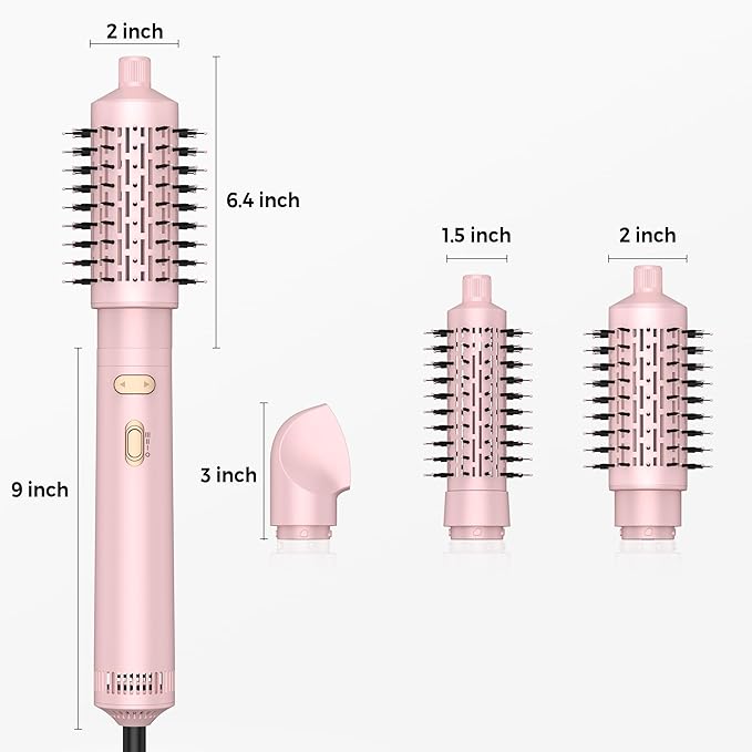 3 in 1 Rotating Hair Dryer Brush,Negative Ionic Professional Brush Blow Dryer with Detachable Brush(2" & 1.5"),3 Heats and 2 Speeds Rotating Hot Air Brush for Curling,Straight,Drying