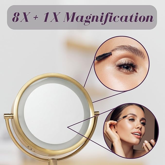JERDON Wall-Mounted Makeup Mirror with LED Light - Direct Wire Lighted Makeup Mirror with 8X Magnification - 8.5-inch Diameter Mirror with Gold Finish Wall Mount - Model HL75BGD