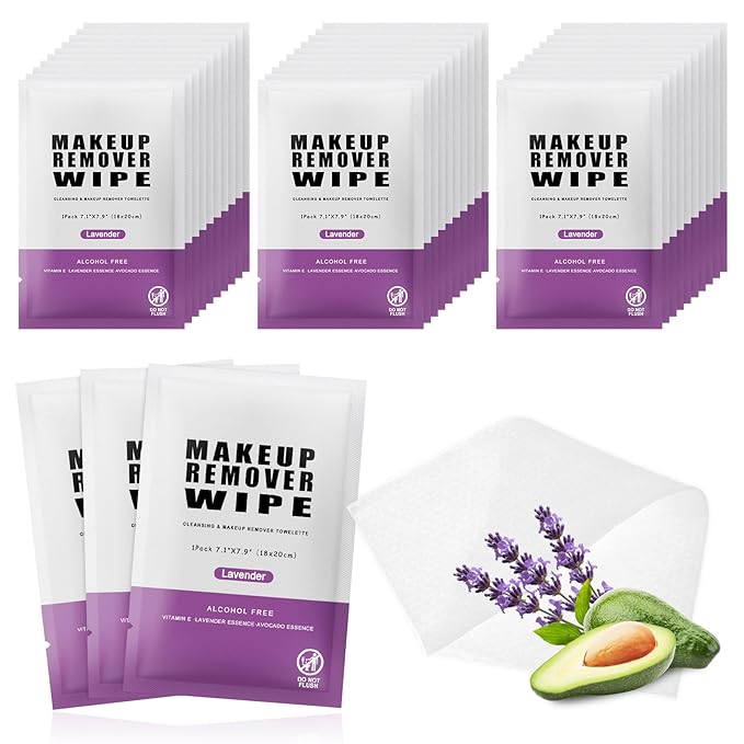 Pack of 50 Makeup Remover Wipes Individually Wrapped,Lavender Scent,Face Cleansing Wipes Bulk, Travel Towelette Makeup Remover Cloth for Face Cleansing Skin Care Remove Makeup