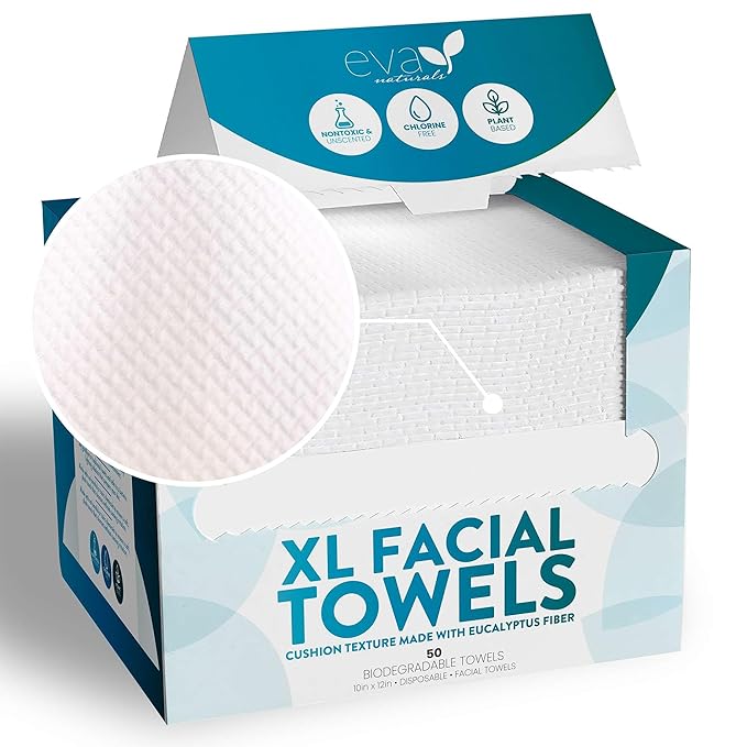 Disposable Face Towels XL 10x12-100% Viscose Eucalyptus Biodegradable Clean Facial Towels, 50 count - Ultra Soft & Lint-Free Towelettes for Acne-Prone & Sensitive Skin, Makeup Remover Dry Wipes