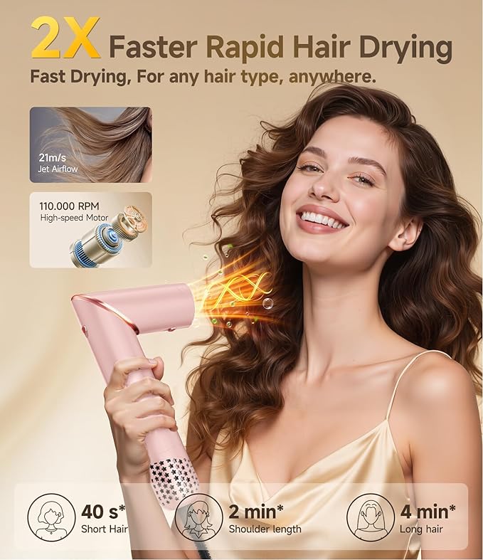 8 in 1 Hair Styler & Air Dryer Brush, 110,000 RPM High-Speed Negative Ionic Foldable Hair Dryer Fast Drying, Multi Professional Hot air Styler for Curling Volumizing Straightening Styling (Pink)
