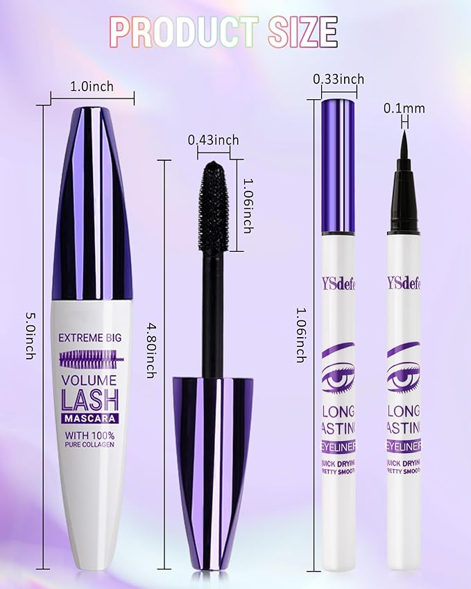 Red Mascara Liquid Eyeliner Set, Update Longlasting Waterproof Color Eye Liner Pen, 5D Silk Fiber Colored Mascara Volume and Length, Christmas Party Stage Use Eye Makeup Gift Kit for Women Girl-07