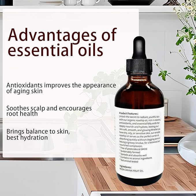 Organic Rosehip Seed Oil,Essential Oils for Anti Aging,100% Pure Cold Pressed All Natural,Hair Relaxer & Skin Face Moisturizer - Hydrating and Nourishing Face Oil for All Ages Skin 4.23OZ(120ml)