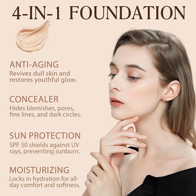 2PCS Foundation 4 in 1, Medium Spectrum with SPF 50+, Longwearing & Waterproof, Hydrating Color Changing Foundation, Non-Greasy,Long Lasting, Great for all skin types, 30ml