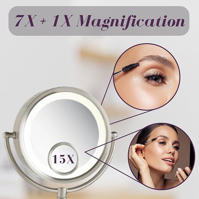 JERDON Plug in Lighted Wall Mount Makeup Mirror - 1X/7X/15x Magnification - Nickel Finish - Model HL8515N
