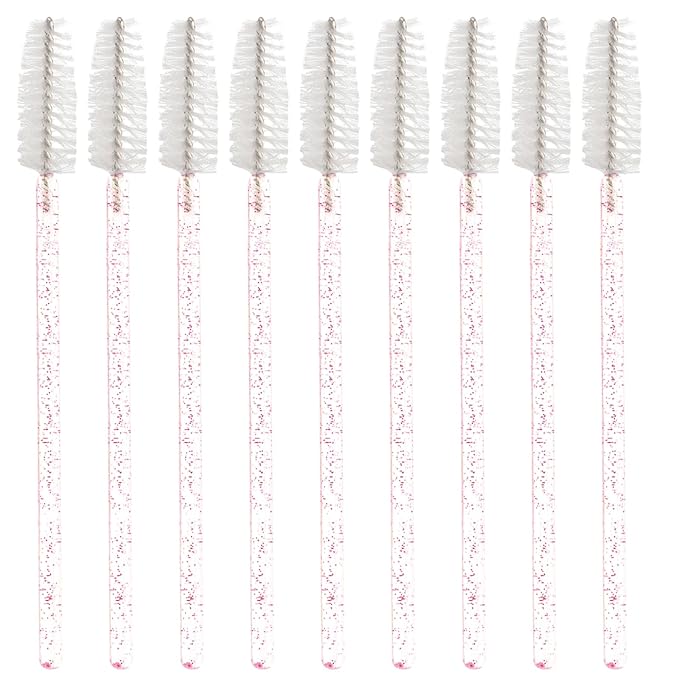100 PCS Crystal Eyelash Mascara Wands Disposable Lash Brushes for Extensions Spoolie Brush Applicators Makeup Tool Kits (Pink handle White)