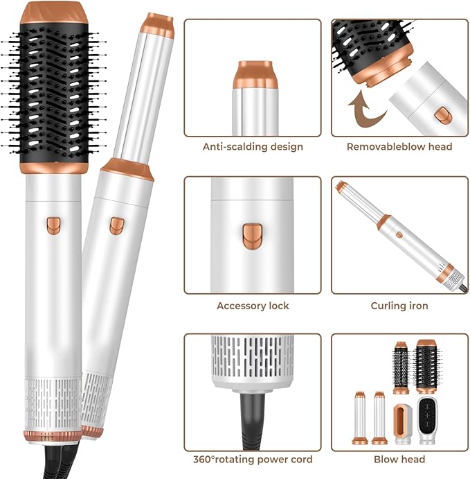 6 in 1 Hair Dryer Brush, Blow Dryer Brushies Ionic Hair Dryer, Oval Hot Air Brush, Hair Curler Straightener Magic Styler Autowrap Air Styler.