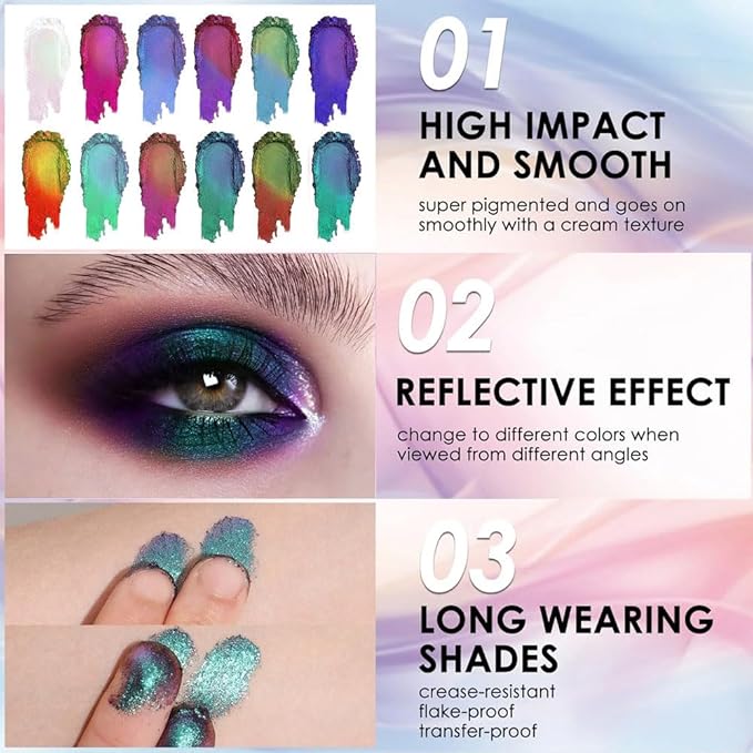 evpct Pearl White Glitter Holographic Iridescent Sparkly Eyeshadow Palette Makeup, White Pink Shimmer Glitter Loose Powder Single Eyeshadow Palette, Chameleon Multichrome Eye shadow Makeup Highlighter