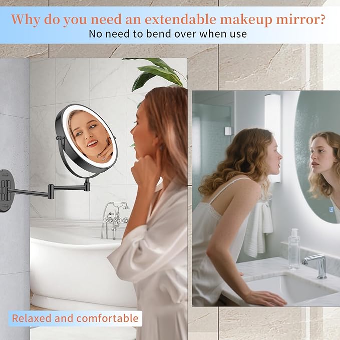FUNTOUCH 10" 1X/30X Wall Mounted Lighted Makeup Mirror, 4500mAh Rechargeable Double Sided Magnifying Mirror with Adapter, 3 Color Lights,Touch Dimmable, 360 Rotation Extended Arm for Bathroom,Black