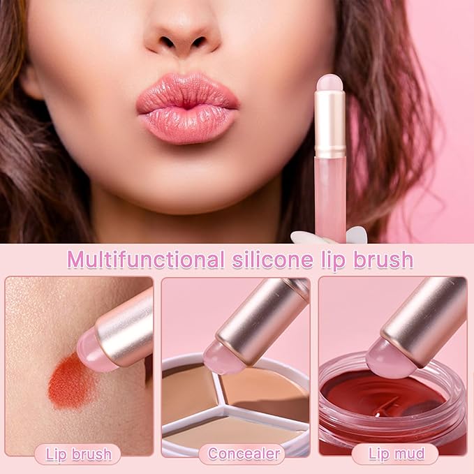 2 Pcs Silicone Lip Brush with Cap for Lipstick Lip Gloss(Pink)