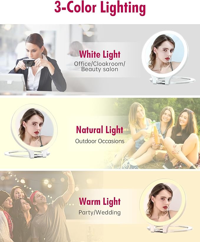 FASCINATE Magnifying Mirror 10X 1X Double Sided Magnification Makeup Vanity Mirror Rechargeable Lighted Mirror with 3 Color Lighting Modes Adjustable Rotation LED Vanity Mirror