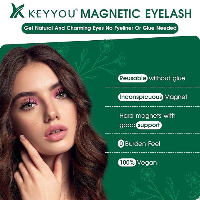 KEYYOU Reusable Magnetic Eyelashes No Glue Needed with Applicator Tool 3D Natural Magnetic Lashes, Easy to Apply & Long Lasting for Daily Use & Events(YC02+YC04)