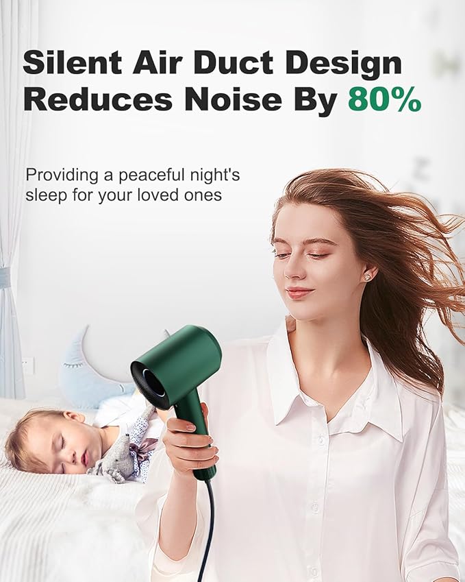 7MAGIC High-Speed Hair Dryer with 110,000RPM Brushless Motor for Fast Drying, Low Noise Blow Dryer with Tri-Colour LED Light Ring, 1400W Ionic Hair Dryer for Home and Travel, Magnetic Nozzle, Green