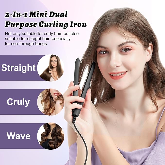 Omaky 2-in-1 Mini Curling Wand Flat Iron Hair Straightener, Long-Lasting Portable Travel Curling Wand for Women Girls Short Hair, All Hair Types (1 inch x 1 inch, Black)