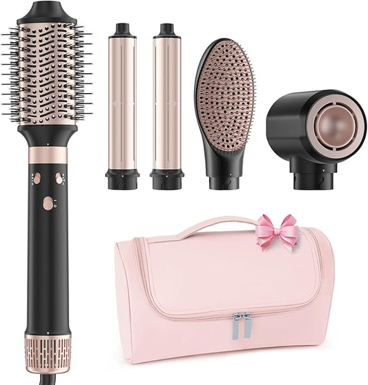 Dual Voltage Hot Air Styler Wrap - 5 in 1 Hair Dryer Brush with Fast Drying Blow Dryer, Styling, Straightening & Volumizing with Travel Bag (100V–240V) Gift for Women (Black + Pink)
