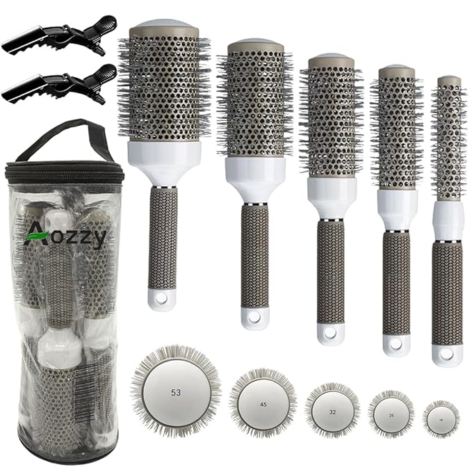 Round Brush Set for Blow Drying Curling, Professional Ceramic Ion Thermal Barrel Brush Leaves Hair Shiny Heat Styling Brush 5 Different Sizes Works Very Well with The Blow Dryer