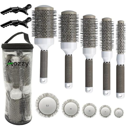 Round Brush Set for Blow Drying Curling, Professional Ceramic Ion Thermal Barrel Brush Leaves Hair Shiny Heat Styling Brush 5 Different Sizes Works Very Well with The Blow Dryer
