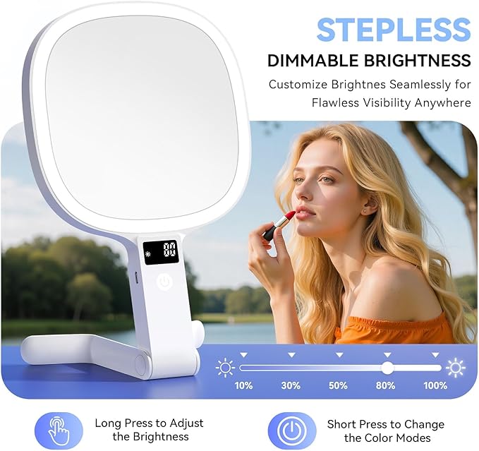 Auxmir Travel Makeup Mirror with Lights, Double Sided 30X/1X Lighted Magnifying Mirror, LED Display & 3 Color & Dimmable Brightness, Rechargeable Portable Vanity Mirror, Tabletop/Handheld/Hanging