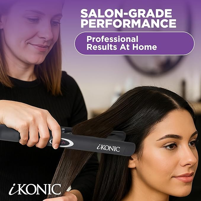 IKonic 100% Tourmaline Ceramic Hair Straightener & Curler, Anti-Static Infrared Ionic 2-in-1 Dual Voltage Flat Iron, 1” Floating Plates, Temp 140–450°F, Frizz-Free & Fast Heat Hair Iron (Pack of 2)