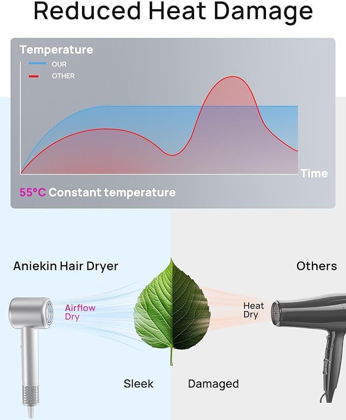 Hair Dryer, High-Speed Ionic Low Noise Blow Dryer for Fast Drying, Birthday Christmas Gifts for Women Men Mom Dad, Thermo-Control Quiet Compact Hair Blow Dryer for Travel Salon, Silver