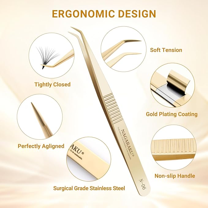 NAGARAKU Gold Tweezers for Eyelash Extensions Curved Angled Volume Cluster Super Light Weight Easy Fanning Tweezers Stainless Steel Precision (N-06)