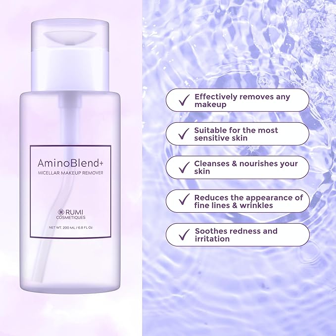 Rumi Cosmetiques AminoBlend+ Micellar Makeup Remover for Mature Women with Sensitive Skin - Face Cleanser, Makeup, Mascara Removal, Gentle Cleanse & Nourish Your Skin - Cruelty-Free & Vegan