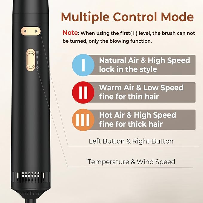 3 in 1 Rotating Hair Dryer Brush,Negative Ionic Professional Brush Blow Dryer with Detachable Brush(2" & 1.5"),3 Heats and 2 Speeds Rotating Hot Air Brush for Curling,Straight,Drying