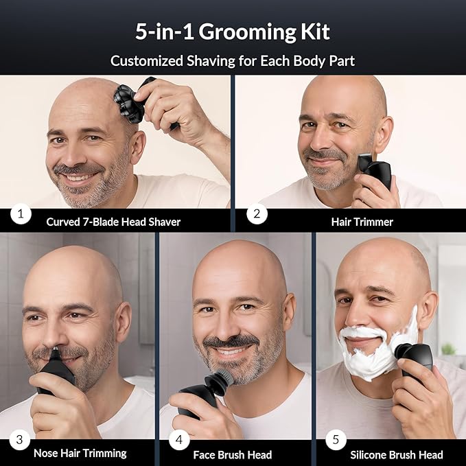Head Shavers for Bald Men - 7D Arc Electric Razor with Magnetic Detachable Head, Waterproof Wet Dry 5-in-1 Electric Shaving & Grooming Kit, LED Display Rechargeable Head & Body Hair Shaver