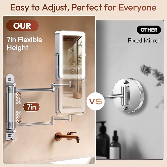 Height Adjustable Wall Mounted Lighted Makeup Mirror with Lights, 10X Magnifying Mirror for Bathroom, 7in Slide Rail and 360° Extended Arm, Rechargeable Wall Mirror with Dual Hooks for Hotel