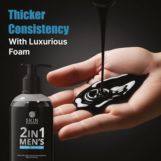 Skin Elements 2-in-1 Body Wash & Intimate Wash for Men| Deep Cleansing Shower Gel| Infused with Activated Charcoal & Neem Extracts| Thicker Consistency| Controls Odor| For All Skin Types | 16.9 fl oz
