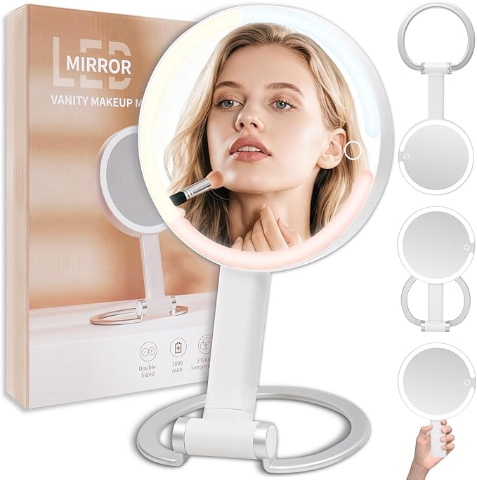 Portable Travel Makeup Mirror with Lights - 3 Color Dimmable Lights, 360° Rotation, Rechargeable Double-Sided 1X/10X Magnifying Mirror, Adjustable Brightness for Tabletop, Home & On-the-Go Use