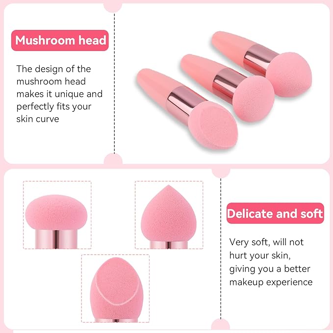 3 Pcs Makeup Foundation Sponge Pink Beauty Blender Sponge Makeup Sponge Cosmetic Powder Puff Concealer Face Brush with Handle Beauty Sponge Applicator Makeup Brush