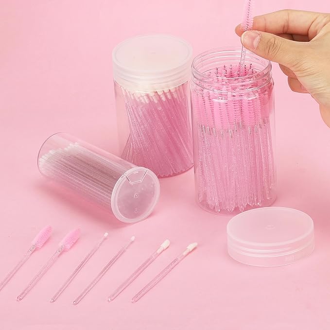 1500 PCS Eyelash Extension Supplies Kit, 500 Spoolies Mascara Wands 500 Lip Brushes 500 Micro Swabs Pink, Disposable Eyelash Brushes Makeup Applicator Tool with 3 Reusable Containers