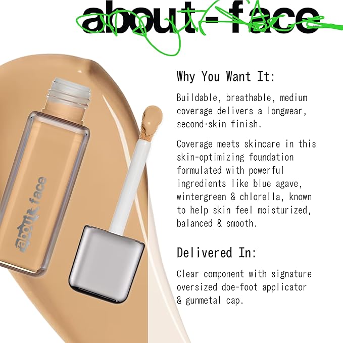 about-face THE PERFORMER Skin-Focused Foundation LM2Neutral – Medium Coverage, Long-Wear, Breathable & Buildable Base – Clean, Vegan, Hydrating Formula with Blue Agave & Chlorella – 1.08oz