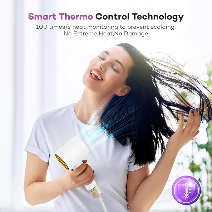 Hair Dryer, 110000 RPM High-Speed Brushless Motor Negative Ionic Blow Dryer for Fast Drying, Low Noise Thermo-Control Hair Dryer with Nozzle and Tri-Colour LED Light Ring for Home, Travel (White)