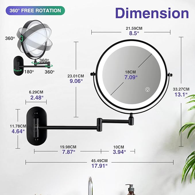 Wall Mounted Makeup Mirror with Light: 30X/1X 8.5'' Double Sided LED Magnifying Bathroom Mirror, Black