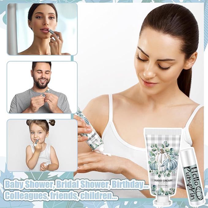 144 Pcs Fall Pumpkin Lip Balm Hand Cream Set Party Favors, Include 36 Blue Pumpkin Lip Balm 36 Moisturizing Hand Cream 36 Bags 36 Cards and Ropes for Autumn Accessories Gifts