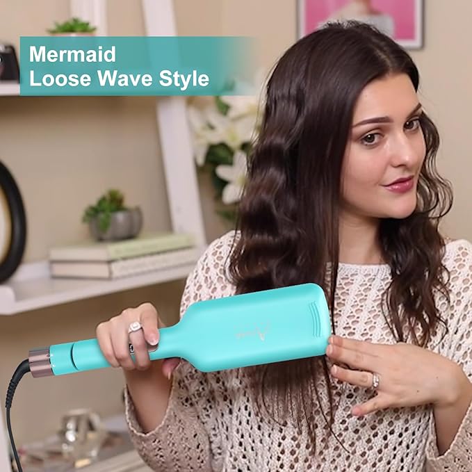 32mm (1.25") Aima Beauty Twins Mermaid Loose Waves Hair Waver, Anti-Scald 2 Barrel Curling Iron, Hair Crimper, Ionic Care Wave Iron Worldwide Dual Voltage 15S Heats Up Medium/Long Hair Light Green