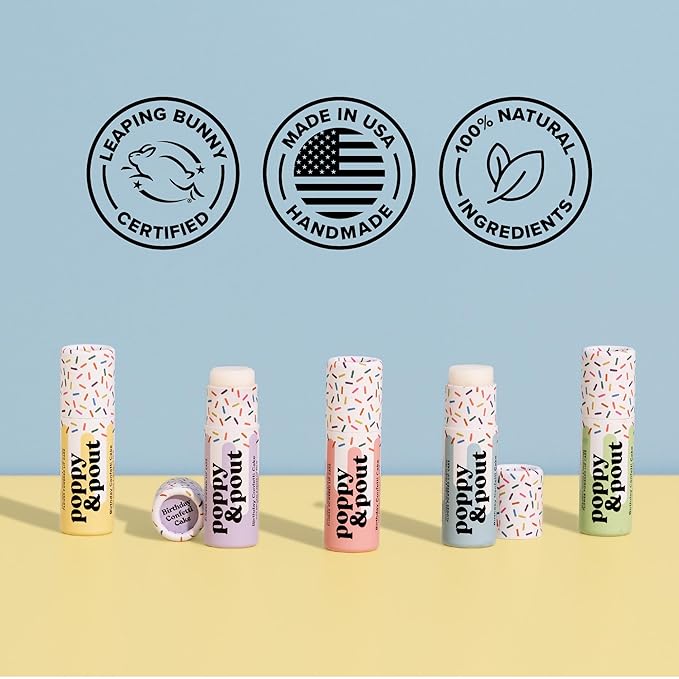 Poppy & Pout Birthday Cake Jumbo Lip Balm | All Natural Lip Balms & Moisturizers | Hydrates with Beeswax, Vitamin E, Organic Coconut Oil | Cruelty-Free | Lip Balm in Recyclable Cardboard Tube (Pink)