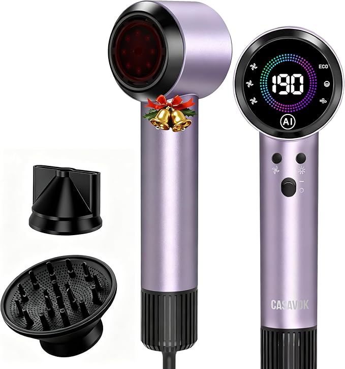 Ionic Hair Dryer with Auto-Adjusting Sensor,AI Hair Dryer with Magnetic Diffuser,100000 RPM High-Speed Hair Blow Dryer for Fast Drying,Compact Blow Dryer with 500M Plasma,Blow Dryer for Women(Purple)