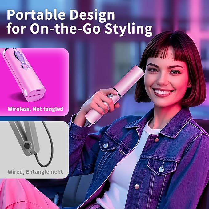Small Titanium Flat Iron for Short Hair, Mini Cordless Hair Straightener and Curler for Travel, Dual Voltage, Portable, Rechargeable, Fast Heating, 5000mAh Battery, 3 Temp Settings(Shocking Pink)